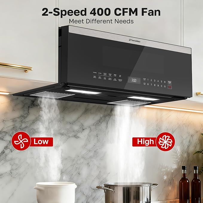 ThermoMate 30" Over the Range Low Profile Microwave Oven with Sensor Cooking, 1.2 Cu.Ft Slim, 1000 Cooking Watts, Voice Control, Multi-Stage Cooking, 400 CFM