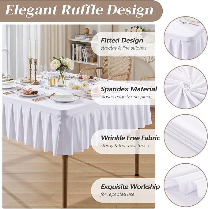 Wish Care 2 Pack White Spandex Tablecloths for 34x34 Inch Square Tables, Stretch Fitted Table Clothes with Pleated Ruffle Skirt for 34” Table, Wrinkle Free and Elastic, for Party Kitchen Home Dining