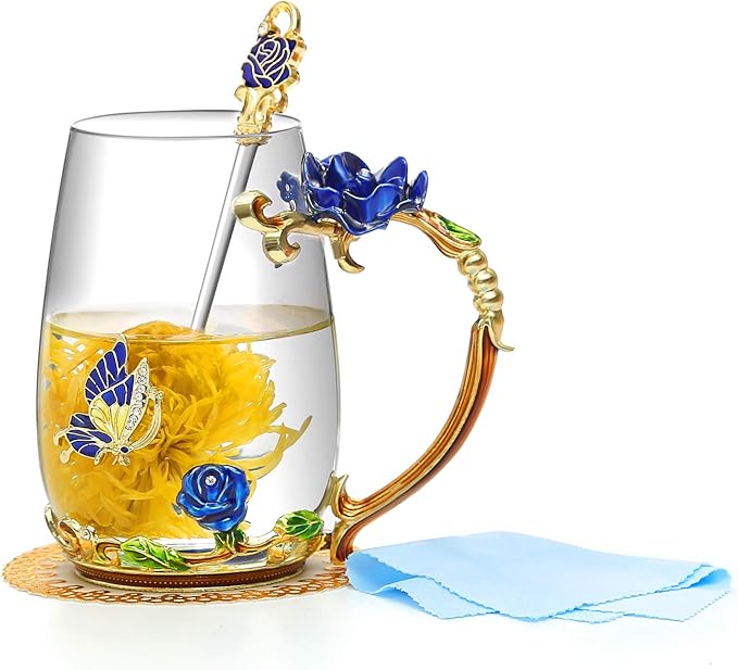 Luka Tech Enamels Butterfly flower Lead-free Glass Coffee Mugs Tea Cup with Steel Spoon, personalised Gifts For Women Wife Mom Friends Birthday Mothers Valentines Day Wedding (Blue-Tall)