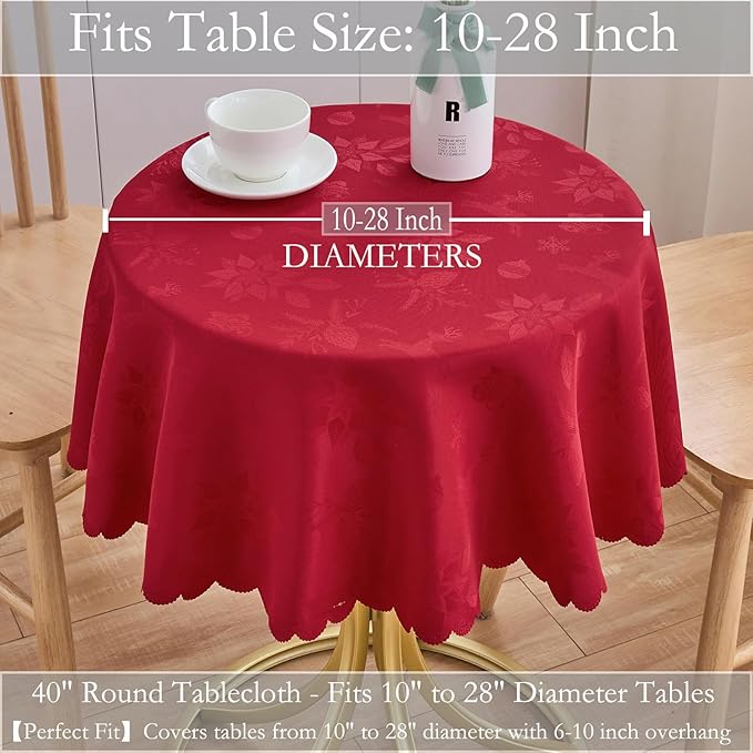 Christmas Round Tablecloth Red Small 40 Inch Table cloths Up to 26" Dia Tables Leaves Pattern Scalloped Edge Waterproof Washable Jacquard Table Cover-Kitchen Dinner Decor Talking Coffee Bar