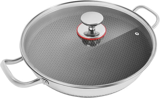 Wok Pan,Hybrid Wok with Lid,Non Stick Stainless Steel Woks & Stir-fry Pans Nonstick Frying Pan Dishwasher and Oven Safe, Works on Induction (13 inch)