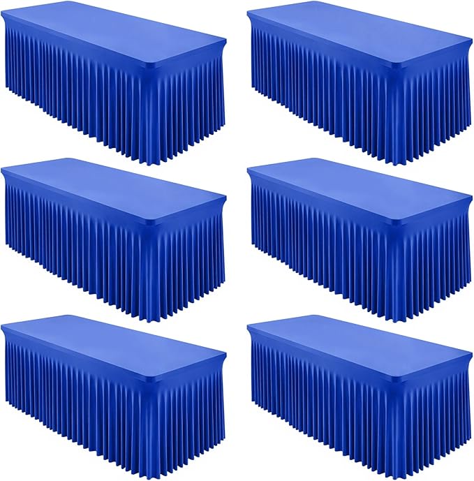 6 Packs Royal Blue Tableclothes for 8 Foot Rectangle Table, Wrinkle Free Spandex Tablecovers 8FT Stretch Fitted Table Cloth with Skirt for Birthday Parties Graduations Event Wedding Banquet