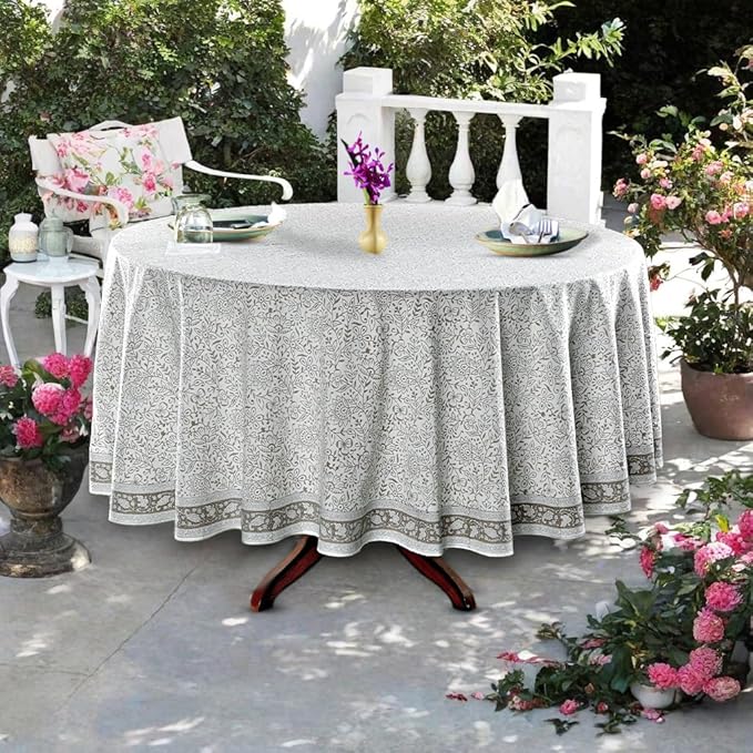 Ridhi Block Print Round Taupe Jal Reusable Tablecloth 100% Cotton 120" Inch Decorative Table Cover eveyday Dining, Home, Party, Wedding, Farmhouse Gift for Spring, Easter, Valentine