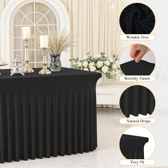 6 Pack Black Rectangle Tablecloth 72 Inch with Elastic Skirt - Wrinkle-Resistant Spandex Fitted 6FT Tables, Stretchable Table Cover for Wedding Banquet Birthday Party Buffet Restaurant
