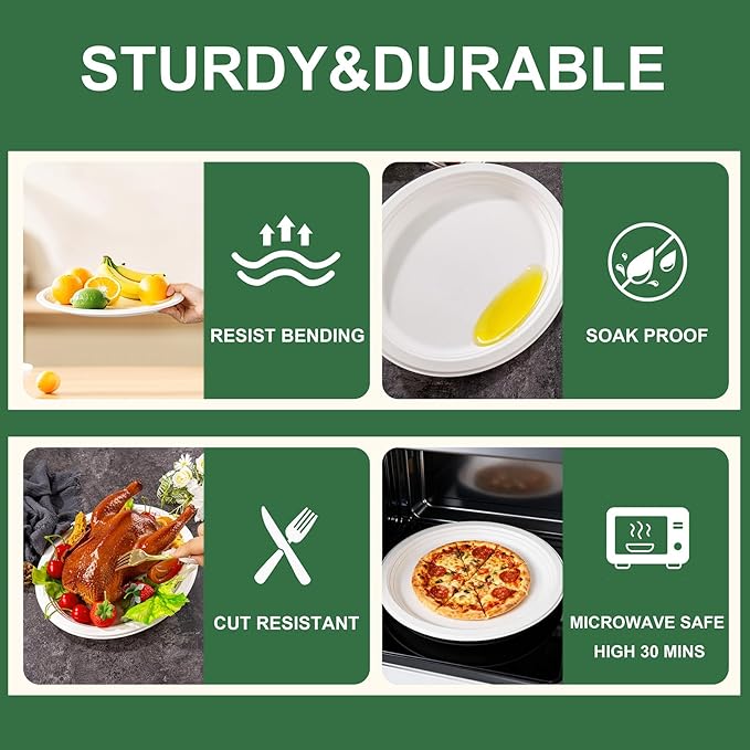 DaYammi 100% Compostable Oval Paper Plates 12 Inch, 125-Pack Heavy Duty Paper Plates Bulk,Biodegradable Bagasse,Eco-Friendly Disposable Dinner Plate for BBQ,Picnic,Party (BPI Certified,Microwaveable)