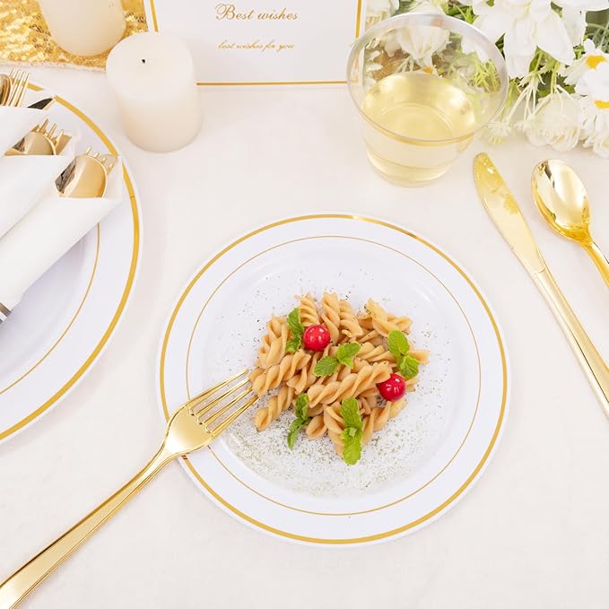 DaYammi 350PCS Gold Plastic Dinnerware Set for 50 Guests, Fancy Disposable Plates for Party, Include: 50 Dinner Plates, 50 Dessert Plates, 50 Pre Rolled Napkins with Gold Silverware, 50 Cups