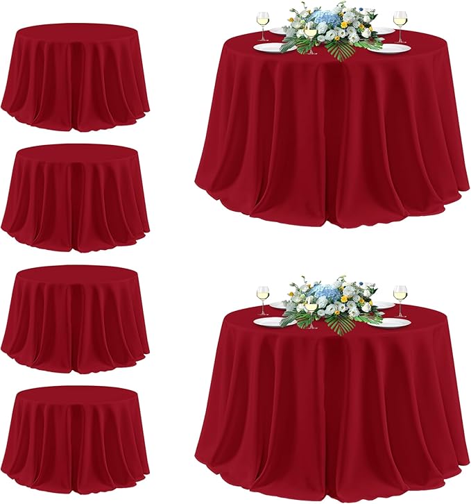 sancua Christmas Red Round Tablecloth 132 Inch Diameter, 6 Pack - Circle Polyester Fabric Table Cloth for Wedding Party Reception Banquet Birthday, Washable Formal Table Cover (Fit 54-96 Inch Tables)