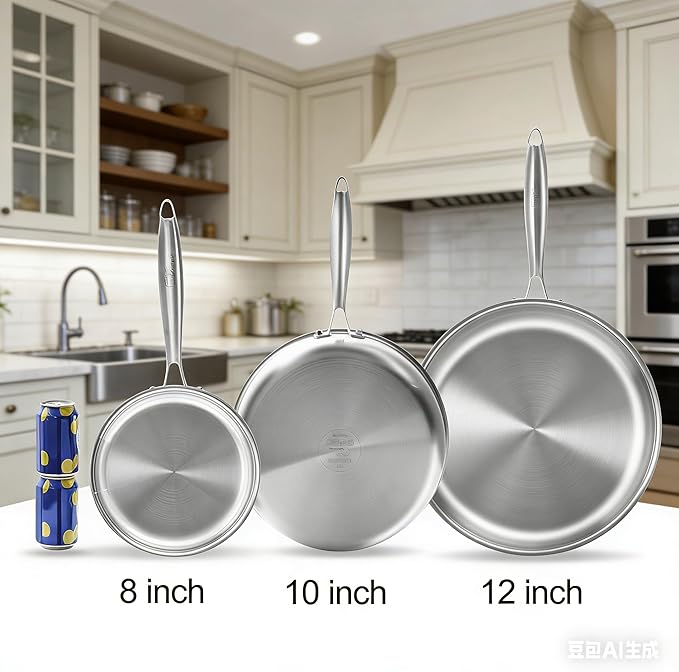 Tri-ply Stainless Steel Frying Pan Set 8" 10" 12" Large Skillet for Chef's Cookware Set, Induction Oven Dishwasher Safe, Compatible with All Cooktops with Kitchen Tongs(Detachable Handle)