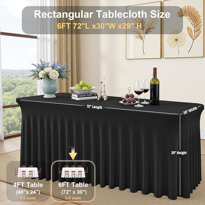 Black Rectangle Spandex Tablecloth, Fitted Stretch Table Cover for 6FT Rectangular Tables, Wrinkle-Free Elastic Table Skirt for Wedding Party Banquet Birthday Buffet Event Restaurant Decor