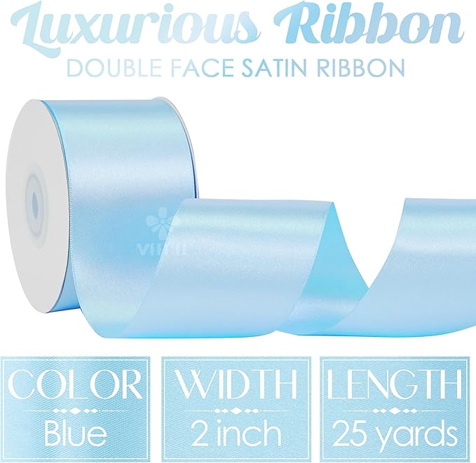 MEEDEE Blue Satin Ribbon 2 Inch Blue Ribbon Lux Double Faced Ribbons by 25 Yards Silk Ribbons for Gift Wrapping, Crafts, Satin Weddings, Flower Bouquet, Holiday Decorating