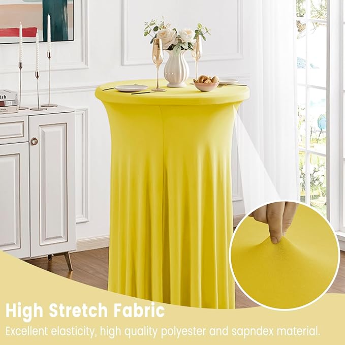 Qubjus 2 Pack Cocktail Tablecloths Stretch Table Skirt - 32x43 inch Bar High Top Stylish and Elegant Cocktail Table Covers for Parties, Weddings, Holidays - Yellow