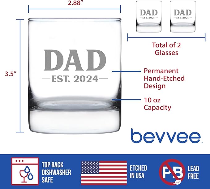 Bevvee Dad Est 2024 - New Father Whiskey Rocks Glass Gift for First Time Parents - Set of 2 - Bold 10.25 Oz Glasses