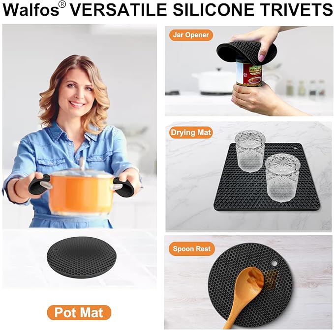 Walfos Silicone Trivet Mats - 4 Heat Resistant Pot Holders, Multipurpose Non-Slip Hot Pads for Kitchen Potholders, Hot Dishers, Jar Opener, Spoon Holder, Food Grade Silicone & BPA Free (Nordic Blue)