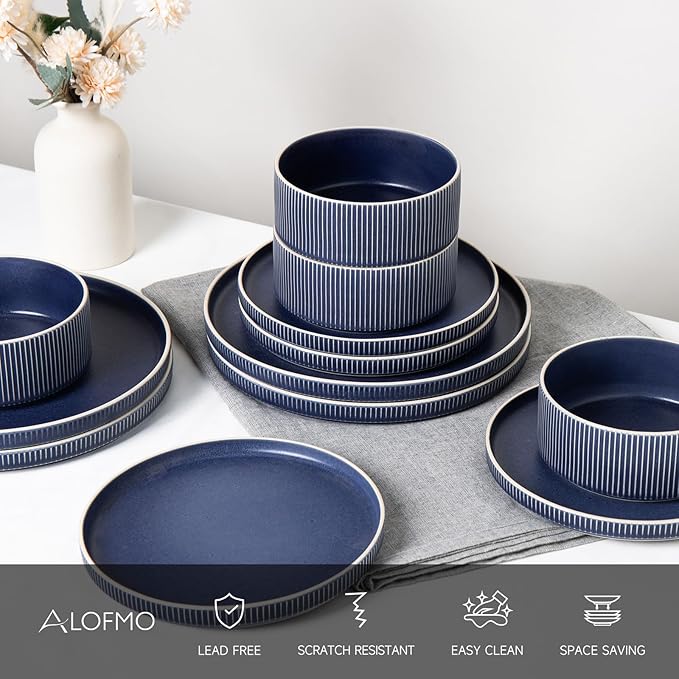 Dinnerware Set Service for 6, 18-Piece Ceramic Plates and Bowls Set, Chip & Scratch Resistant, Microwave and Dishwasher Safe, Modern Minimalist Tableware for Everyday Use, Matte Blue