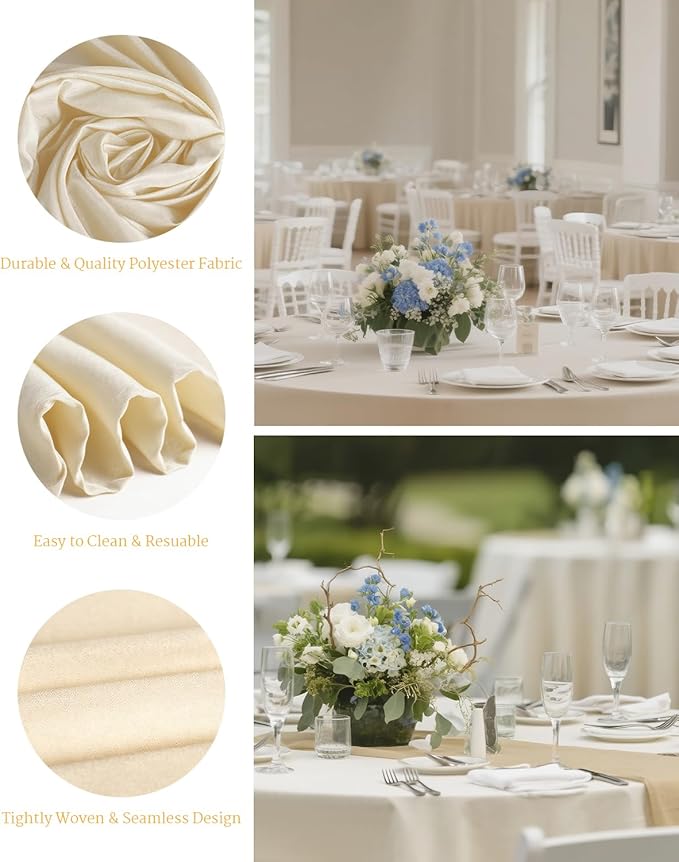 BESTVIP 6 Pack 120" Ivory Round Fabric Tablecloths - Polyester Washable Decorative Table Cloth Cover for Wedding, Reception, Banquet, Birthday, Parties, Buffets, Restaurant