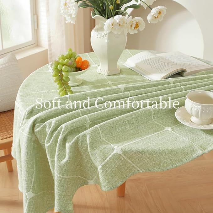 Zobesta Linen Green Table Cloth Christmas Round Tablecloth Plaid 53 inch, Washable Farmhouse Soft Boho Round Table Cloth for Outdoor, Party, Holiday, Picnic, Dining