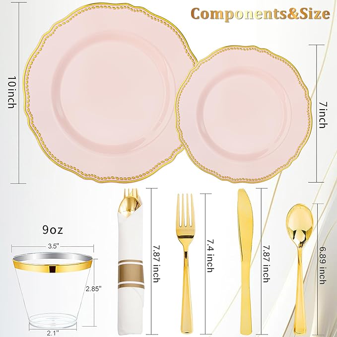 Hioasis 175pcs Pink and Gold Plastic Plates - Pink Plastic Dinnerware Set Includes 25 Dinner Plates, 25 Dessert Dinnerware, 25 Cups, 25 Napkins Perfect for Wedding & Valentine's Day