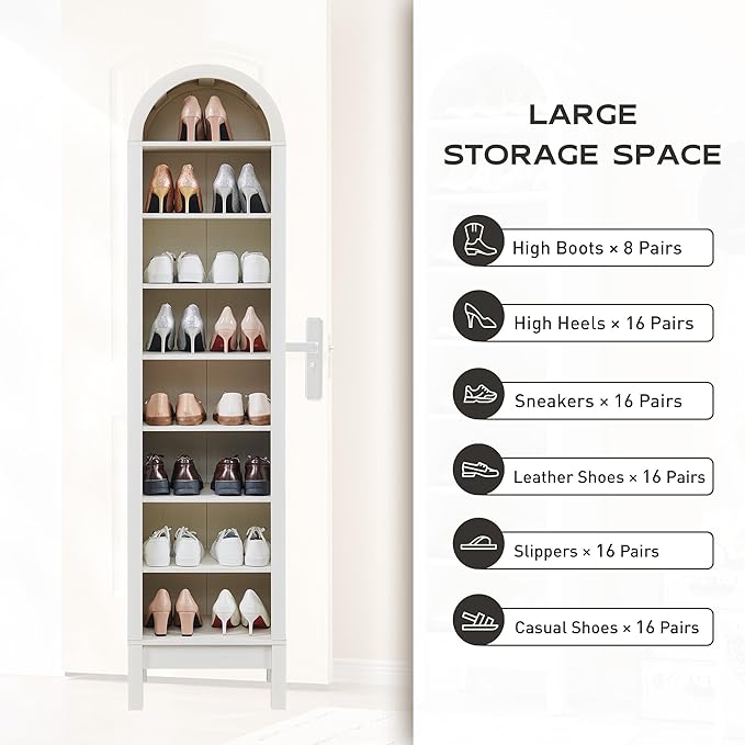 71" Tall Arched Bookshelf, 8 Tiers Arch Bookcase with Storage, Modern Farmhouse Book Shelf with Adjustable Shelves, Wood Bookshelf w/Open Display Shelves for Living Room, Office (Antique White)