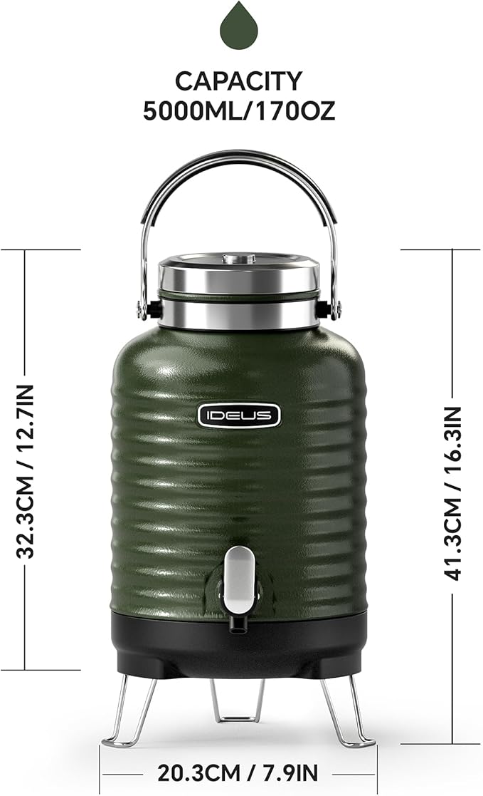 IDEUS Insulated Beverage Dispenser, All-in-one for Camping Vacuum Double-Wall Stainless Steel Water Cooler Coffee Carafe Jug Leakproof Drink Container with Handle, Spigot & Stand (Green, 1,4gal)