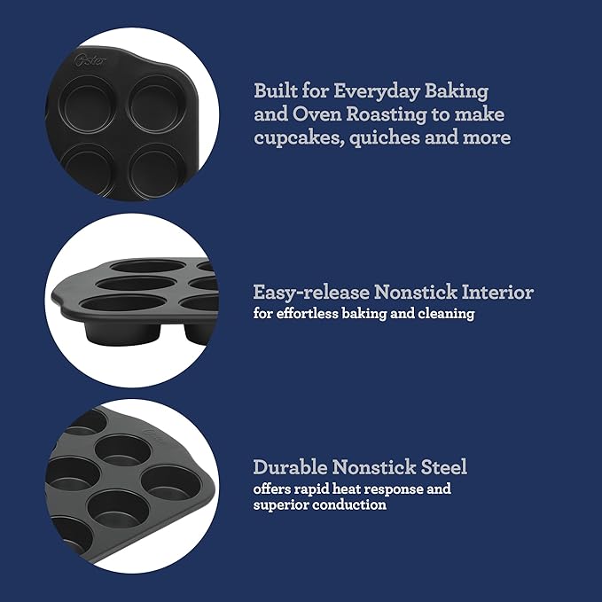 Oster Teston 12-Cup Muffin Pan, Nonstick Carbon Steel Cupcake Baking Tray, Matte Black, PFAS-Free, Easy Release, Oven-Safe Bakeware