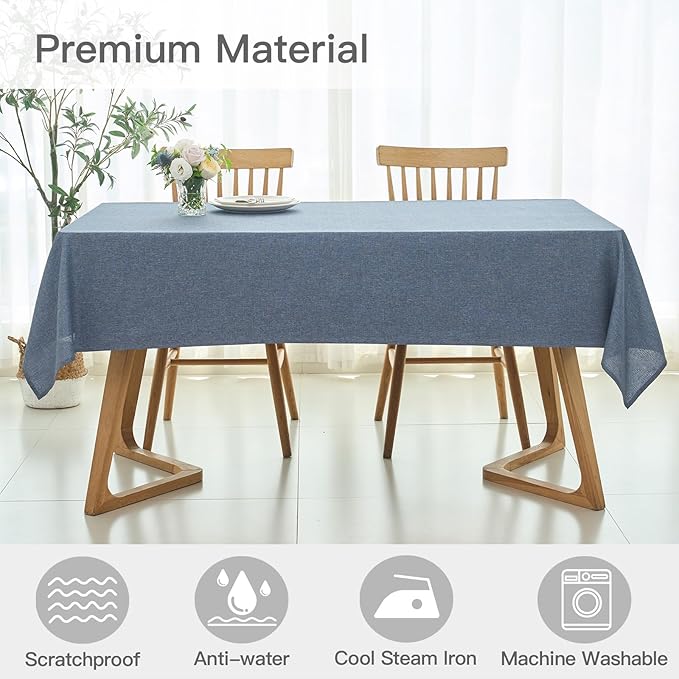 maxmill Rectangle Linen Texture Tablecloth Stain Proof Waterproof Wrinkle Free Washable Dining Table Cloth Wipeable Fabric Dining Room Table Cover Farmhouse Tablecloths, 60 x 120 Inch, Demin Blue