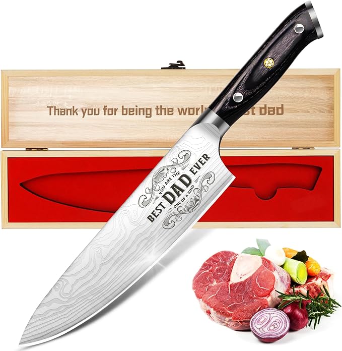 Dad Gifts from Daughter Wife Son, Best Dad Ever Kitchen Knife Gift Set with Wooden Box, Dad Valentines Day Birthday Gift Ideas, 8" Professional Chef Knife, Dads Birthday Gift for Men Husband