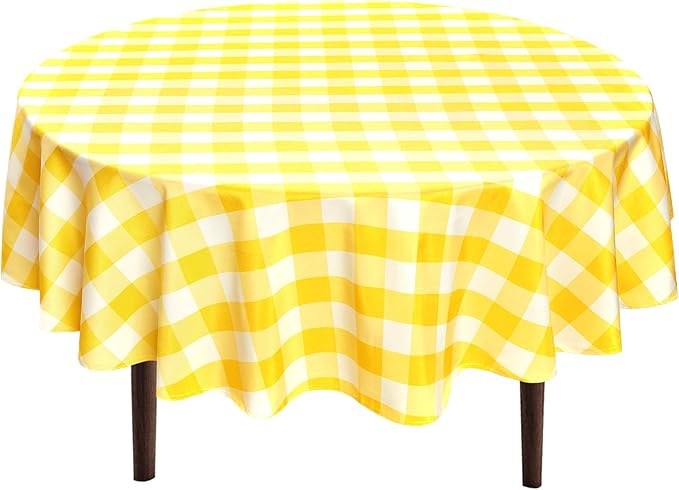 Hiasan Checkered Round Tablecloth 120 Inch - Waterproof & Wrinkle Resistant Washable Fabric Spring Table Cloth for Dining Room Party Outdoor Picnic, Yellow and White