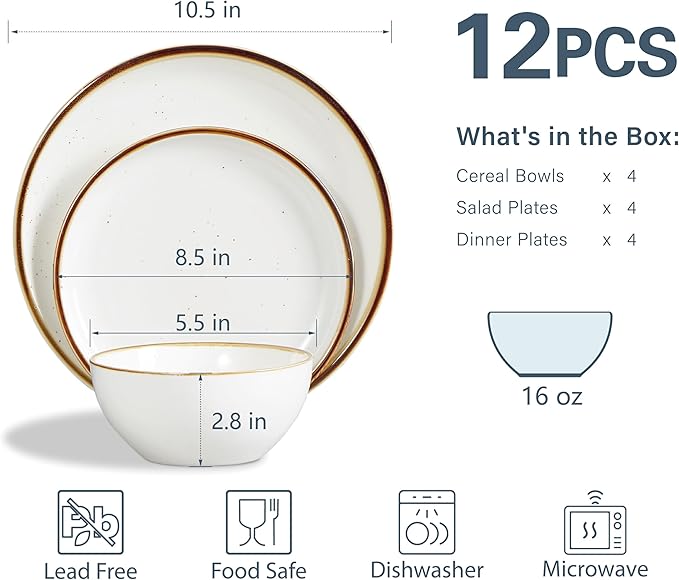 ONEMORE Plates and Bowls Set, Dinnerware Sets for 4, Porcelain Kitchen Dishes Set 12pcs, Scratch Resistant, Modern Aesthetic Dishware Sets- Microwave & Dishwasher Oven Safe,Farmhouse Style Cream White
