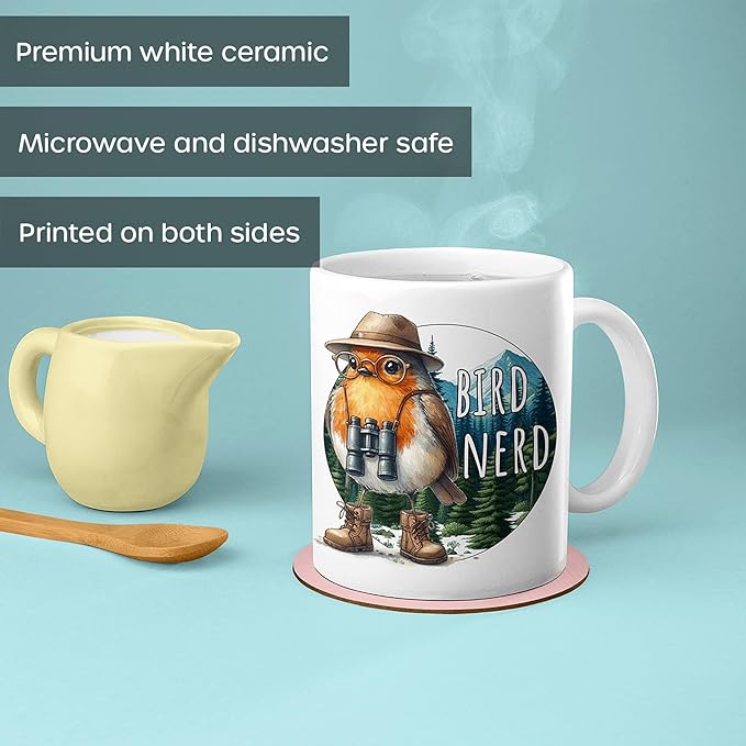 Bird Nerd Coffee Mug, Birding Beverage Cup, Funny Bird Watcher Gifts, Sarcasm, Robin Wearing Binoculars, Any Occasion Gift, Coffee Drinker - Novelty (11Oz All White)