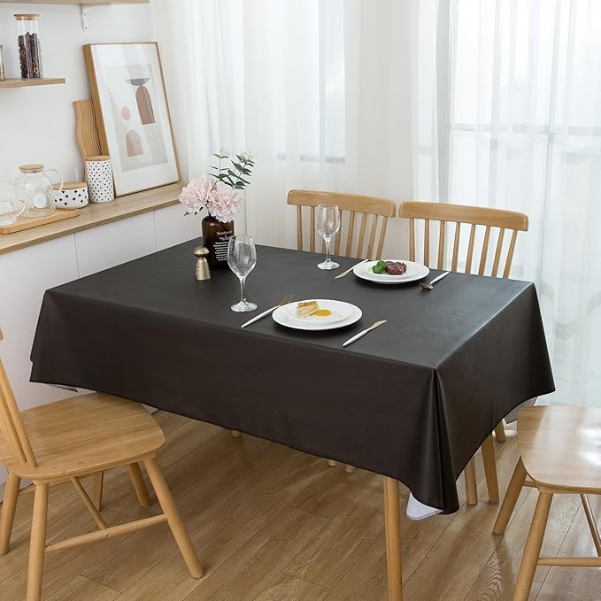 Pioggia Vinyl Tablecloth with Flannel Backing Oblong Waterproof Oil-Proof Plastic Table Cloth Wipeable PVC Table Cover for Indoor and Outdoor (Black, 60 x 84 Inch)