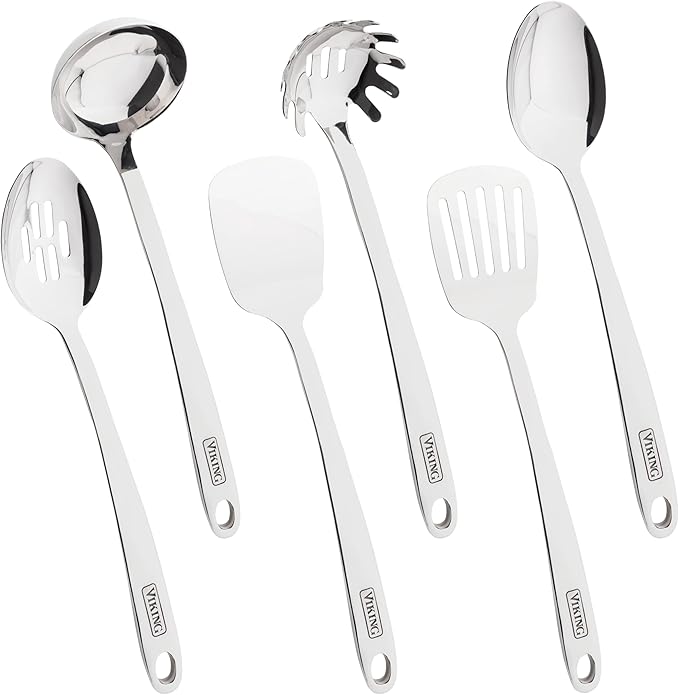 Viking Kitchen Utensils Set, 6 Piece Stainless Steel Cooking Utensil Set, Includes Spatulas, Spoons, Pasta Fork, and Deep Ladle, Hollow Forged, Silver