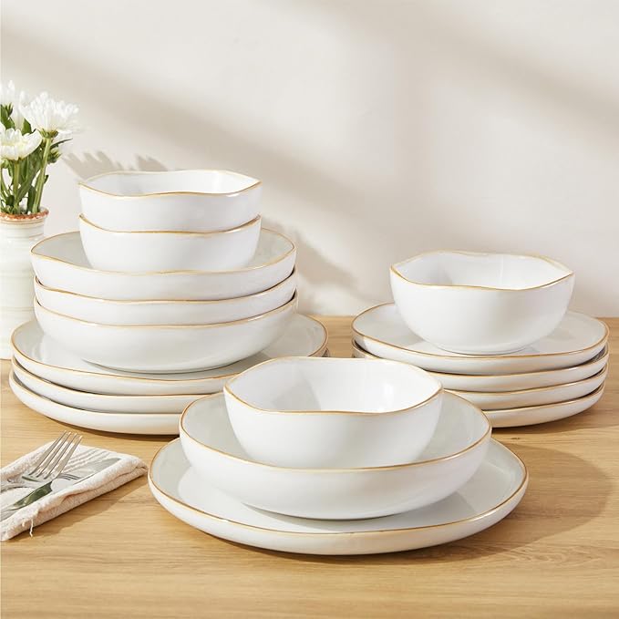 Plates and Bowls Sets, 16 Pieces Dinnerware Set for 4 with Pasta Bowls, Handmade Dishes Set, Chip Resistant Dishware Sets, Microwave Safe Dinner Set, Designed for Interactive Meals, White