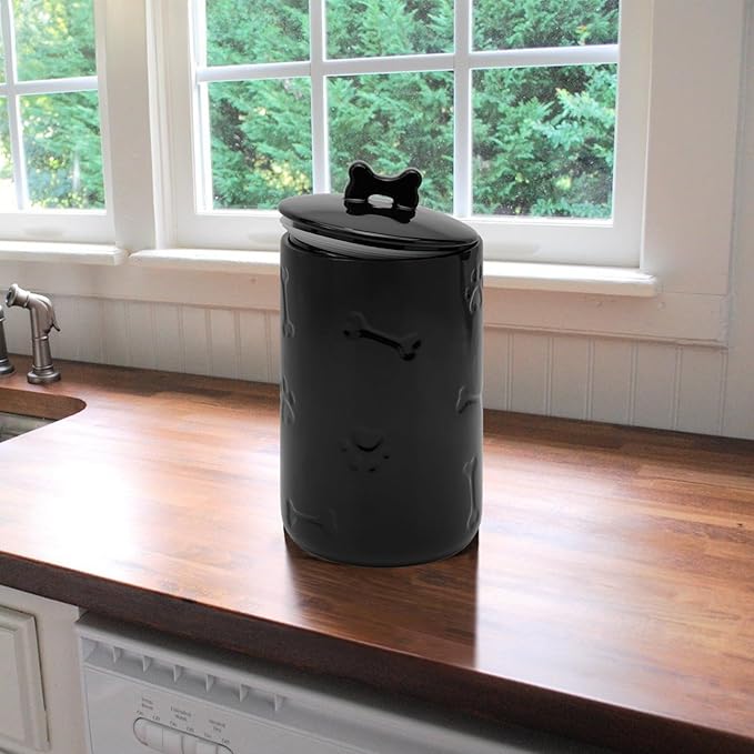 Dog Treat Container Airtight - 9"x5" Black Large Ceramic Dog Treat Jar for Kitchen Counter, Dog Cookie Jar with Lid - Farmhouse Style Dog Food Storage Container for Dogs, Cats, Pets
