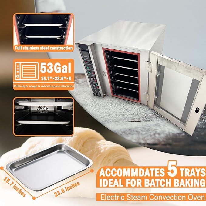 5-Layer Electric Convection Bread Baking Oven Stainless Steel Hot Air Circulation 53Gal Capacity with Steam for Roasting Bread Pizza Nut 220V/3PH