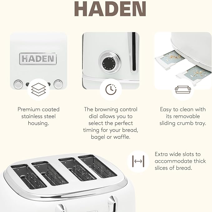 Haden Heritage Stainless Steel Body Retro Electric Tea Kettle, White and Haden Heritage 4 Slice Wide Slot Stainless Steel Retro Toaster, White