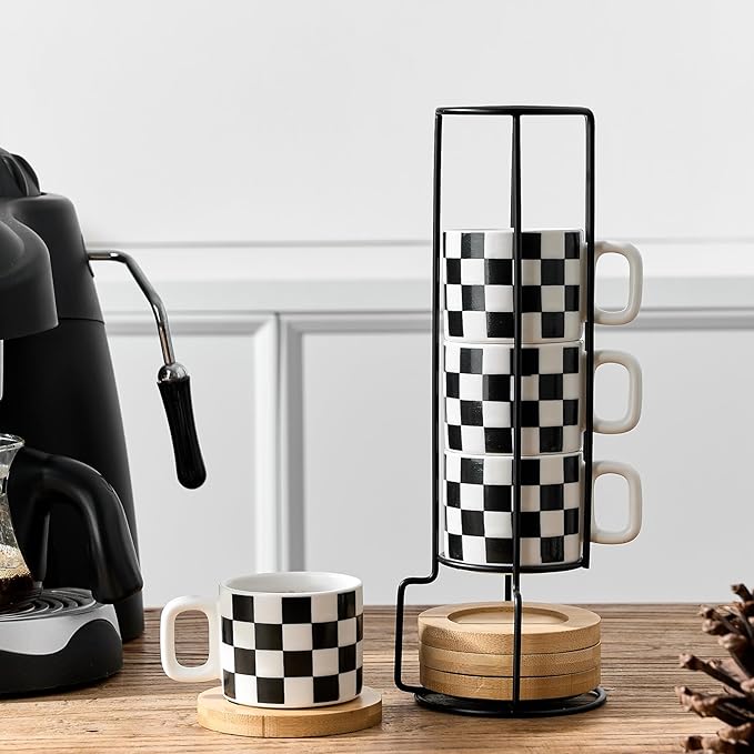 LUKA Porcelain Stackable Black and White Checkered Espresso Cups with Saucers and Metal Stand, 4 Ounce Small Ceramic Demitasse Cups Set for Coffee Drinks, Latte, Tea - Set of 4, White Interior