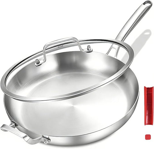 Inqibee 14-Inch Tri-Ply Stainless Steel Large Skillet with Lid,Large Frying Pan with Helper Handle,Jumbo Cooker,Induction Pan,Heavy Duty and Dishwasher Safe