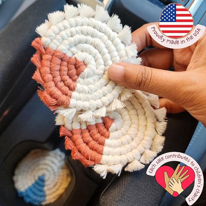 Cotton Car Coasters for Cup Holders, 2PC Car Cup Coasters, Drink Coaster Holder, Cute cupholder Coaster Accessories for Women, Macrame, Boho (Cappuccino)