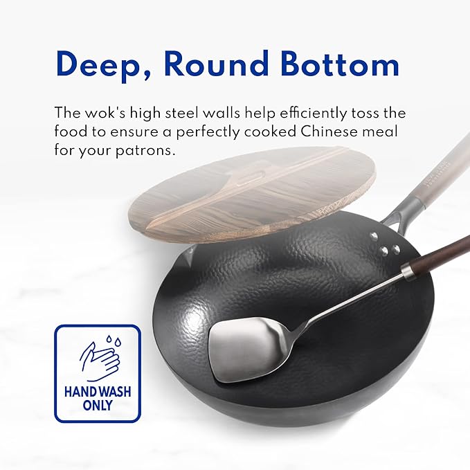 New Star Foodservice 1029154 Hand Hammered Carbon Steel, Non-Stick Wok Carbon Steel, Includes 12.7" Round Bottom, Wooden Lid, and Spatula (Hand Wash Recommended)