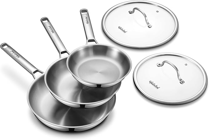 Stainless Steel Frying Pan Set with Lids 8"&10"&12",8 Inch Skillet+10&12 Inch Stainless Steel Pans with Lids,Frying Pan,Tri-Ply,PFOA&PTFE Free,Dishwasher&Oven Safe,Induction Compatible