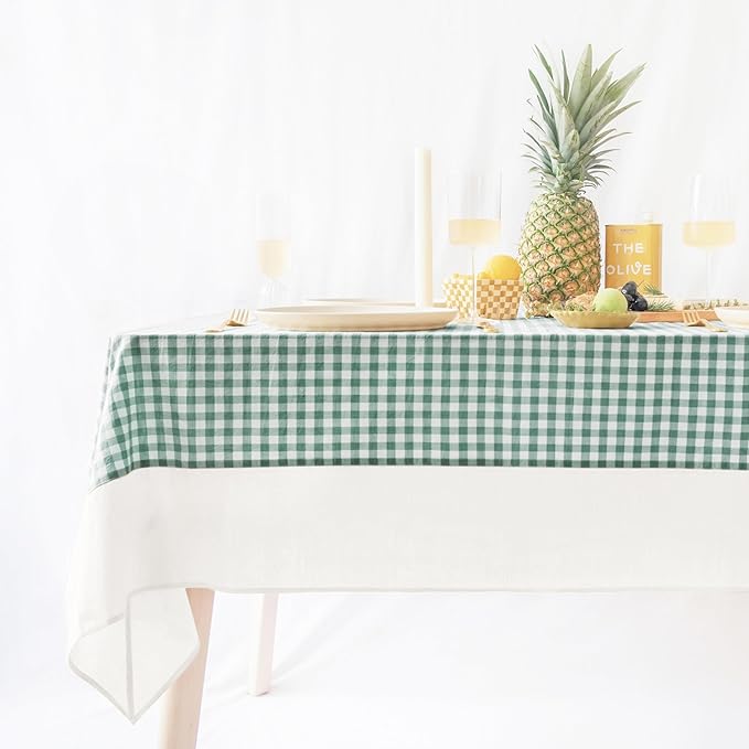 MONDAY MOOSE Gingham Checkered Farmhouse Rustic Picnic Style Decoration Rectangle Natural Stonewashed Cotton Tablecloth for Kitchen, Dining Room, Restaurant (60x102 inch, Green/White)
