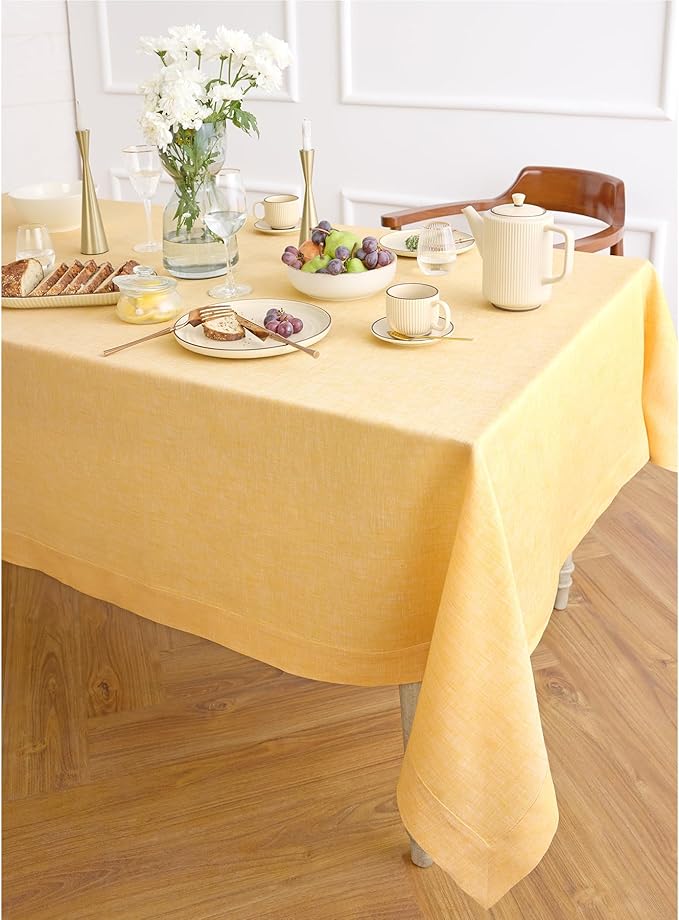 Solino Home Linen Tablecloth 60 x 108 Inch - 100% Pure Linen Chambray Mustard Yellow Table Cloth for Rectangular Tables - Athena, Machine Washable Cloth Tablecloth for Spring, Easter