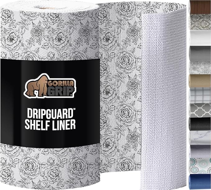 GORILLA GRIP DripGuard Shelf Liner, Non Adhesive Drawer and Kitchen Cabinet Protector, Slip Resistant BPA Free Smooth Surface Plastic Liners for Cabinets, Bathrooms, Closets, 12x240 Inch, Floral Gray