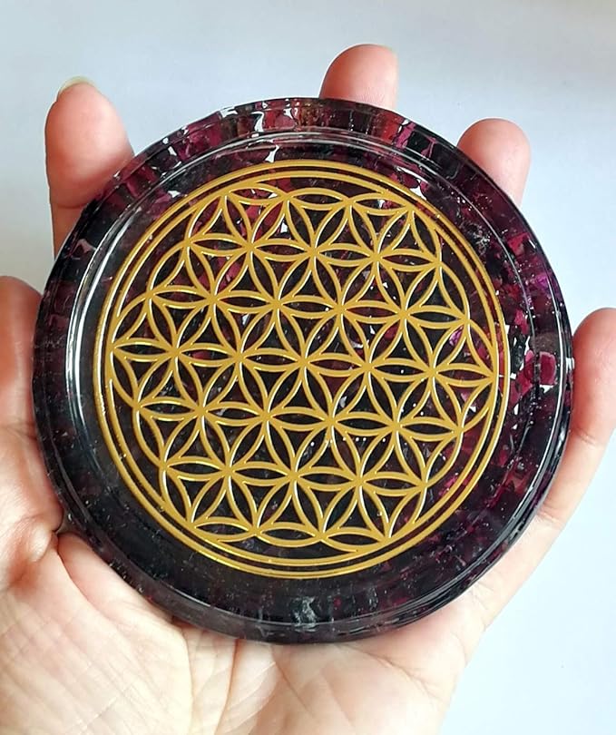Large 4" Garnet Crystals Flower of Life Coaster Water Charging Plate Energy Dome