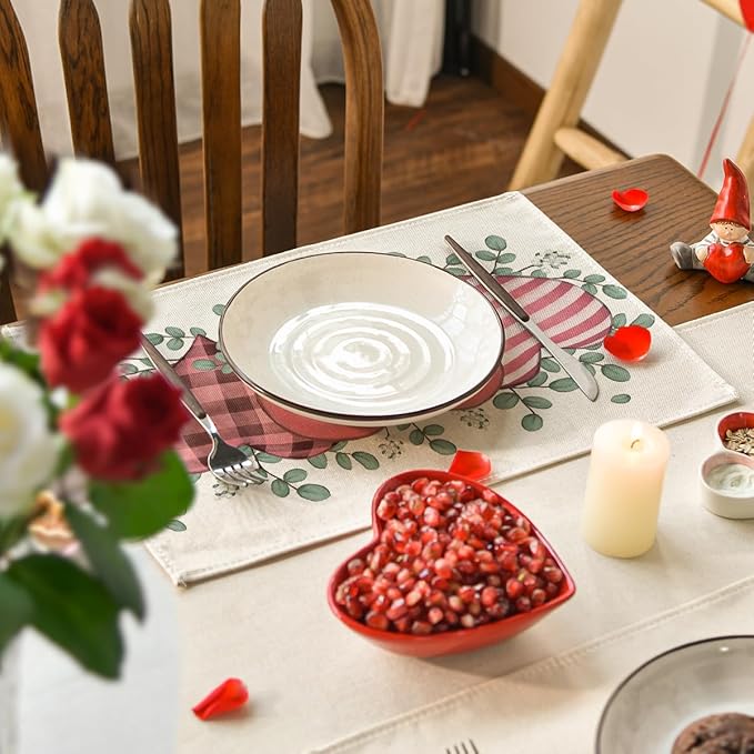 Artoid Mode Pink Hearts Love Eucalyptus Valentine Placemats Set of 4, 12x18 Inch Anniversary Table Mats for Party Kitchen Dining Decoration