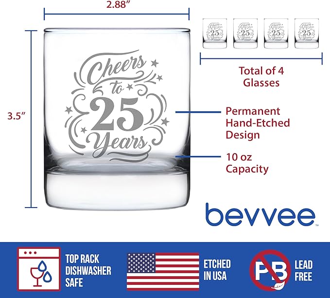 Bevvee Cheers to 25 Years - Whiskey Rocks Glass Gifts for Women & Men - 25th Anniversary Party Decor - Set of 4-10.25 Oz Glasses