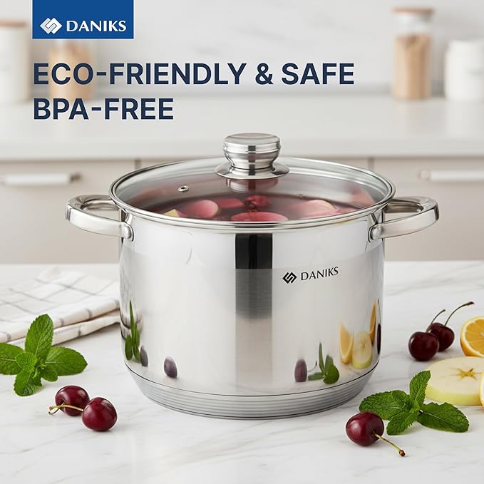 Daniks Standard 11-Piece Stainless Steel Cookware Set with Glass Lids, Includes Saucepan with Lid and Frying Pan, Tri-Ply Bases for Even Heating, Induction Compatible, Dishwasher Safe, Silver