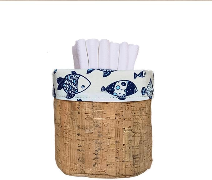Reusable Paper Towel Set/Towels & Reversible Cork Fabric Basket/American Made/Machine Washable/Absorbent and Durable Edges and No Pilling (Fish & Cork Basket, 6 Cloths)
