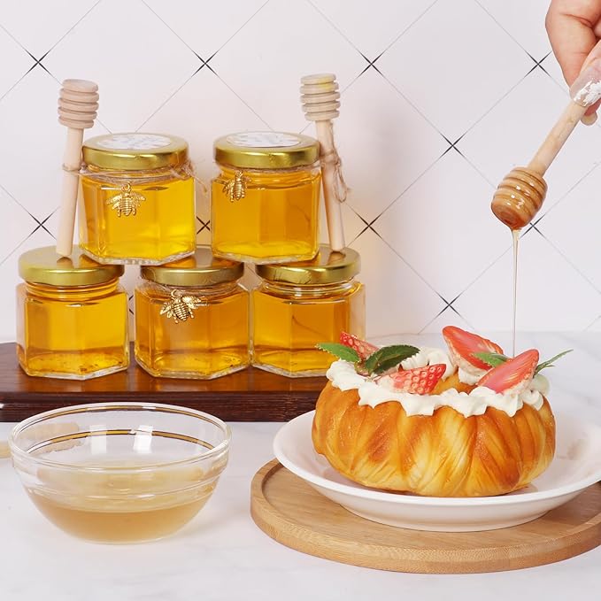 BIGIVACA 2 oz Hexagon Mini Glass Honey Jars with Wood Dippers,30 Pack Small Honey Jars with Gold Lids,Bee Pendants,Jutes,35 Bee Stickers,Perfect for Baby Shower,Wedding Favors,Party Favors
