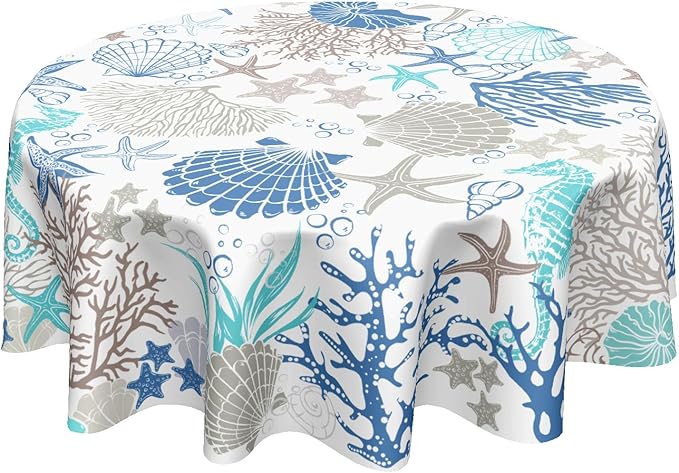 Nautical Coastal Round Tablecloth 70 Inch Summer Ocean Seashell Starfish Coral Sea Horse Table Cloth Rustic Farmhouse Beach Theme Table Cover for Kitchen Dinner Party Decor